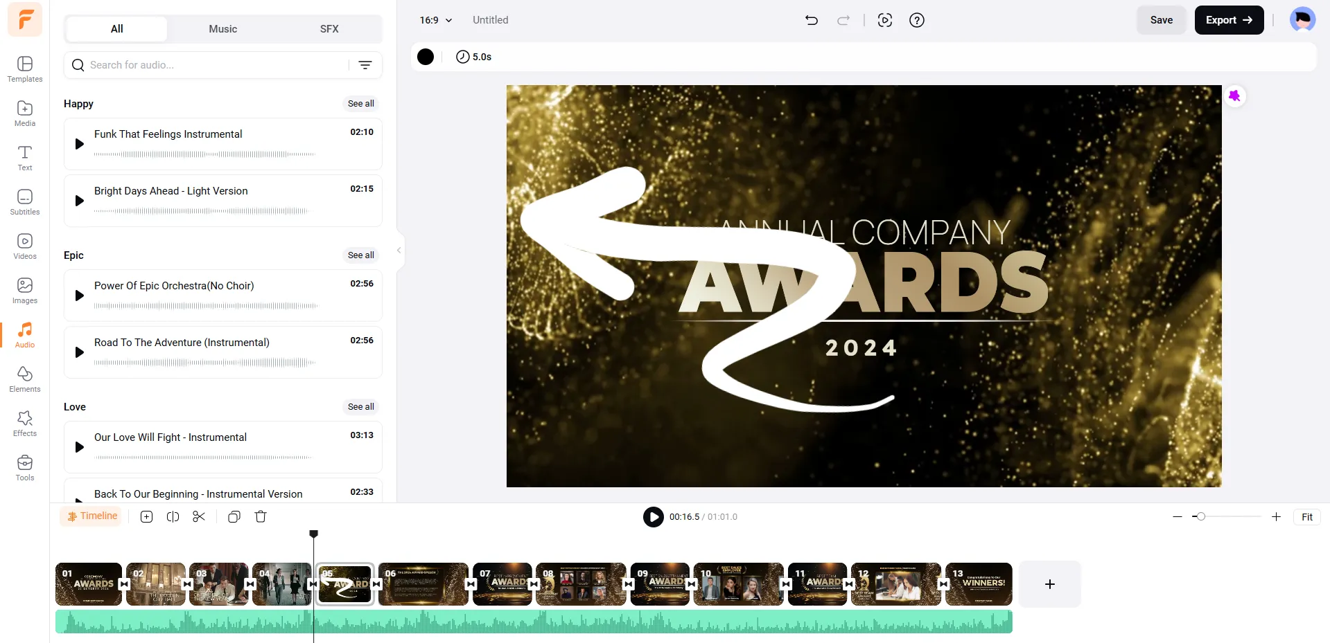 You can browse music and sound effects (SFX) files by categories and keywords on the left-hand side.