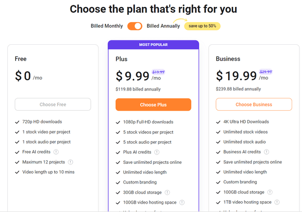 FlexClip offers three pricing plans to suit different needs